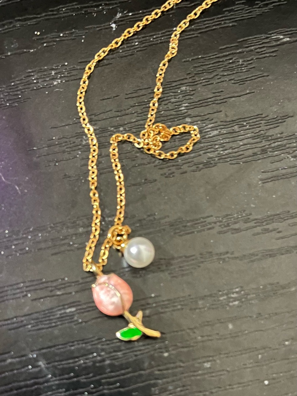 Gold-Tone Women's Necklace with Pink Rose Charm and Pearl Accent